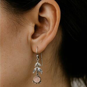 Elegant Silver Leaf Drop Earrings with Pink Gemstone
